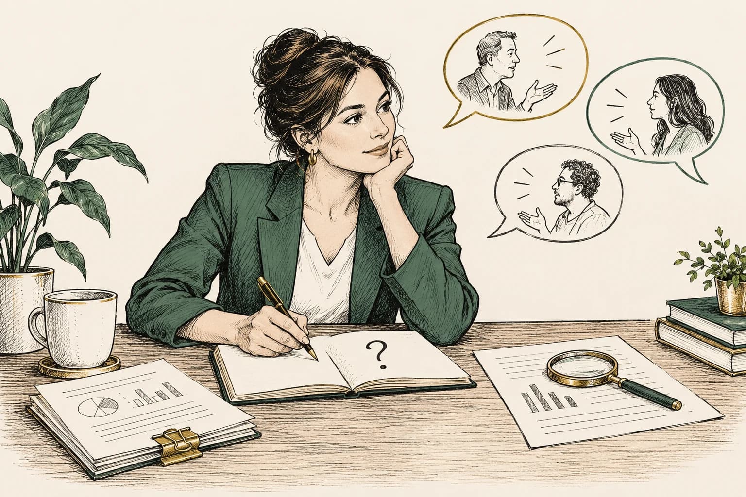 A writer listens to customer questions before choosing a test question.