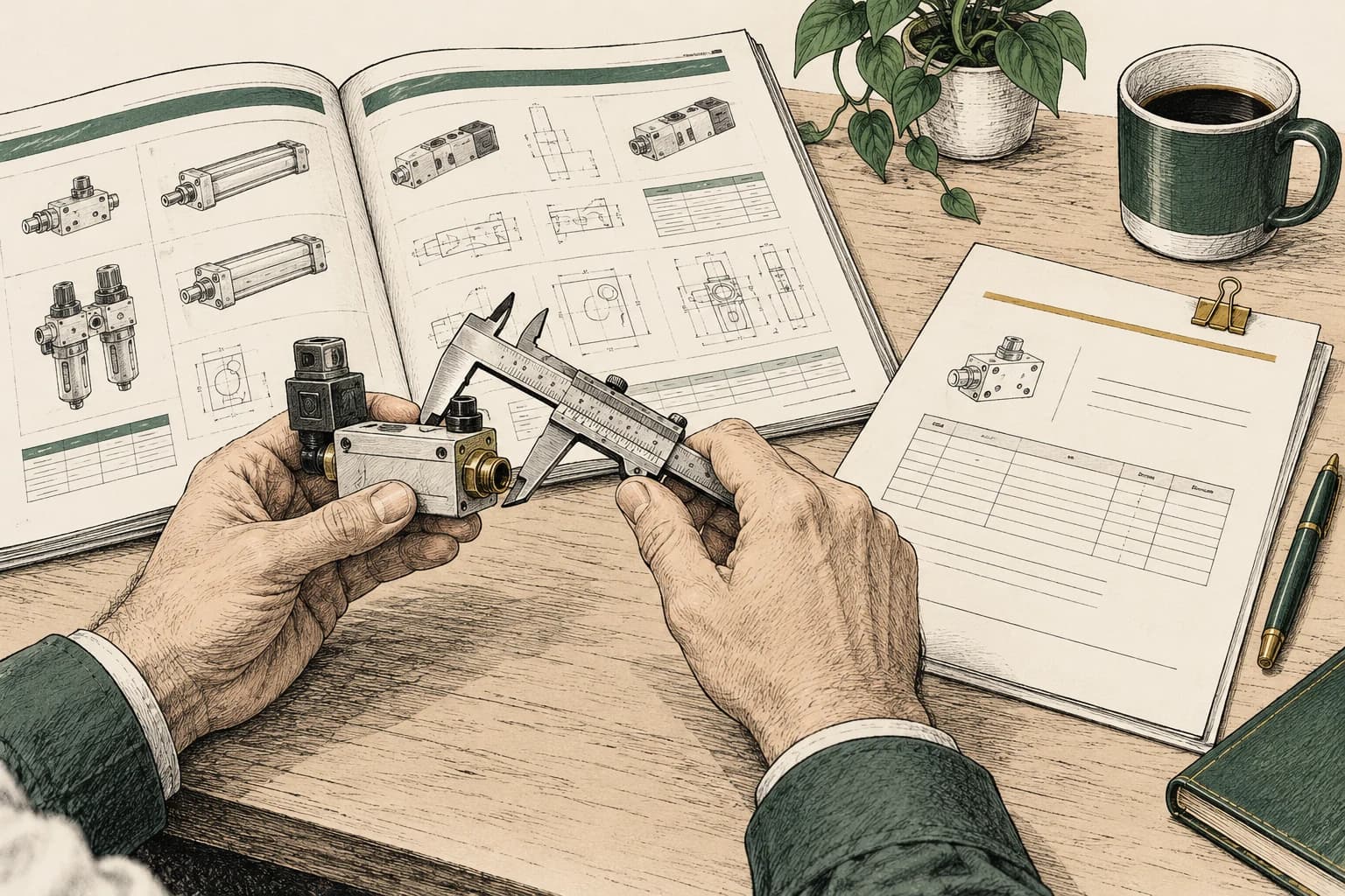 An engineer checks an industrial component against technical information.