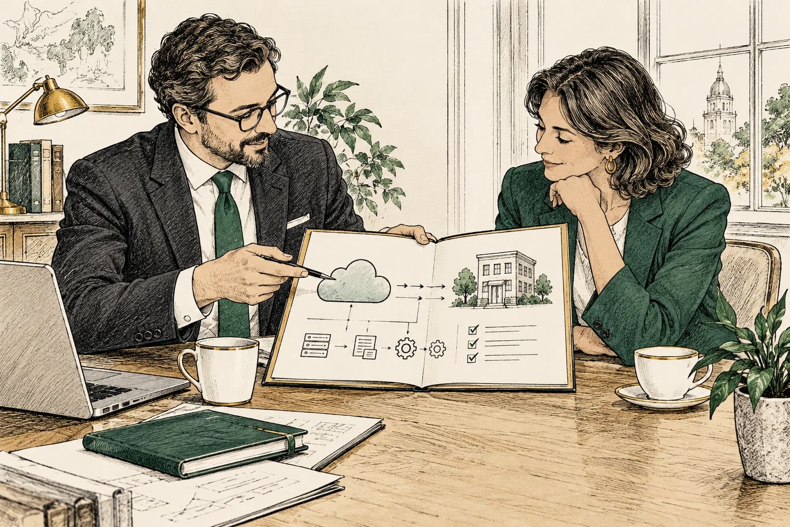 A consultancy and project buyer review an implementation plan.